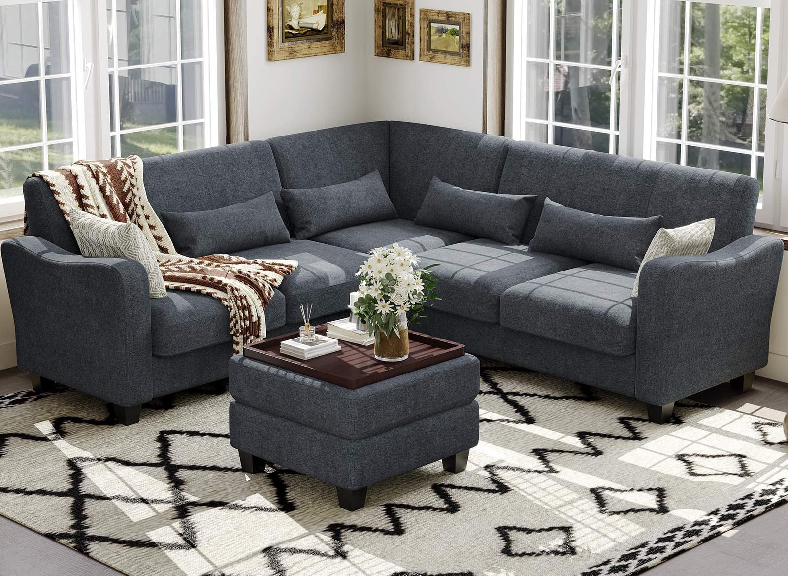 Belffin Reversible U Shaped Couch with Storage Ottoman Convertible Corner Sectional Sofa Set with Chaise 4 Seat Sofas for Living Room Furniture Bluish Grey