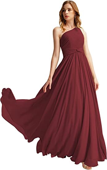 Chiffon One Shoulder Bridesmaid Dress with Pleated Bodice Long A Line Formal Prom Dress for Women