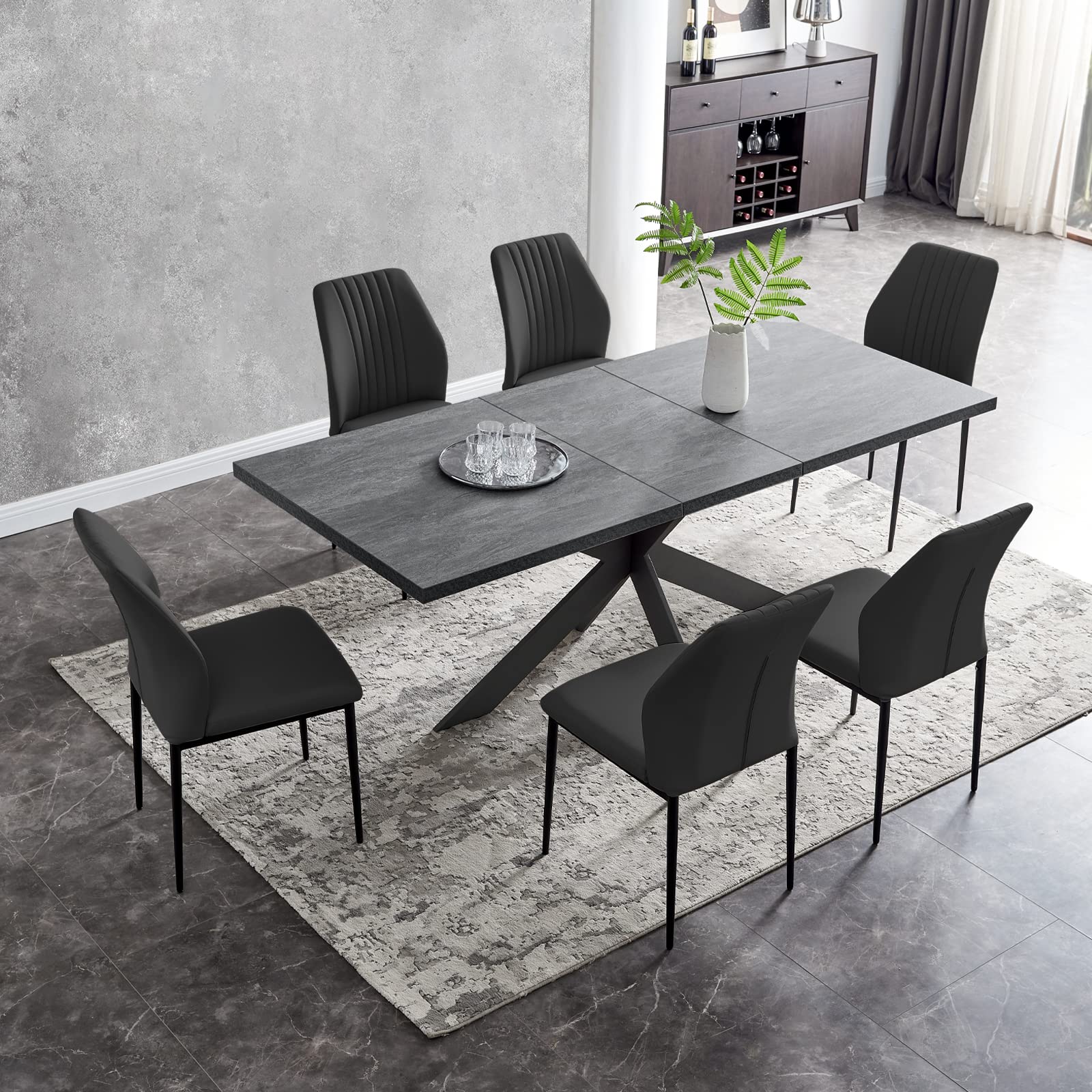 6-8 Person Modern Dining Table 78.7" Farmhouse Wooden Dining Table Extendable with Metal Frame Dining Table, Rectangular Kitchen Table for Home Office Furniture