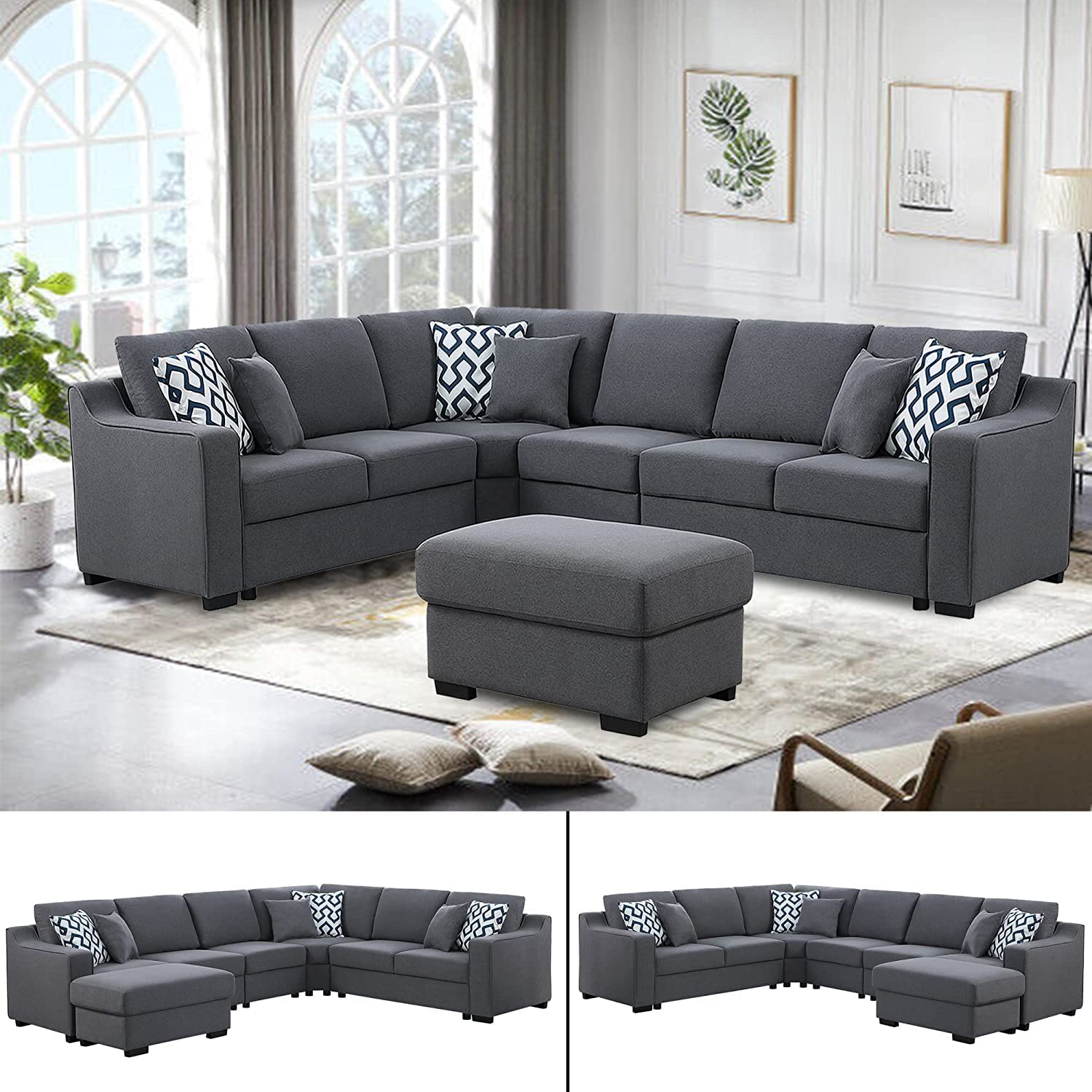 Sectional Sofa Couch Set L- Shape 6 Seater Modular Sectiona Sofa with Ottoman Corner for Living Room Furniture Sets (Dark Grey)