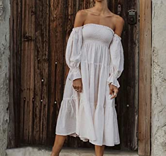          R.Vivimos Women's Summer Cotton Plaid Puff Sleeves Bow Casual Off-Shoulder Boho Midi Dress        