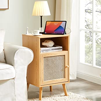          Rattan Nightstand with Charging Station, Boho End Table with Handmade Rattan Decorated Door, Mid-Century Side Table with Pine Legs, Bedside Table with Open Storage Shelf for Bedroom, Living R
