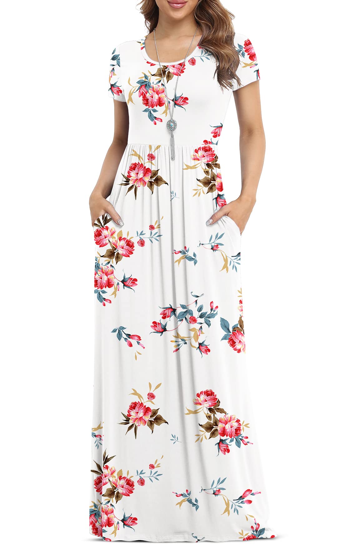 Women's Short Sleeve Loose Plain Maxi Dresses Casual Long Dresses with Pockets