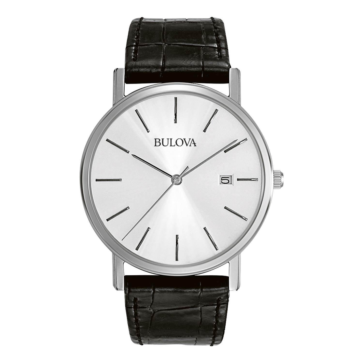 Men's Stainless Steel 3-Hand Calendar Date Quartz Watch with Black Leather Strap Style: 96B104