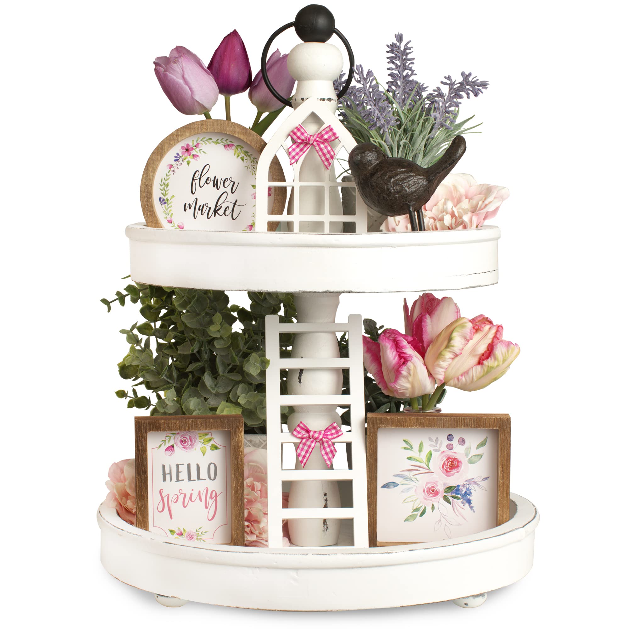 The Ultimate Farmhouse Tiered Tray Decor Set - Beautiful Year Round Seasonal & Holiday Decoration Bundle - The Perfect Easter, Spring and St Patricks Day Centerpiece Designs for Home & Kitchen Decor