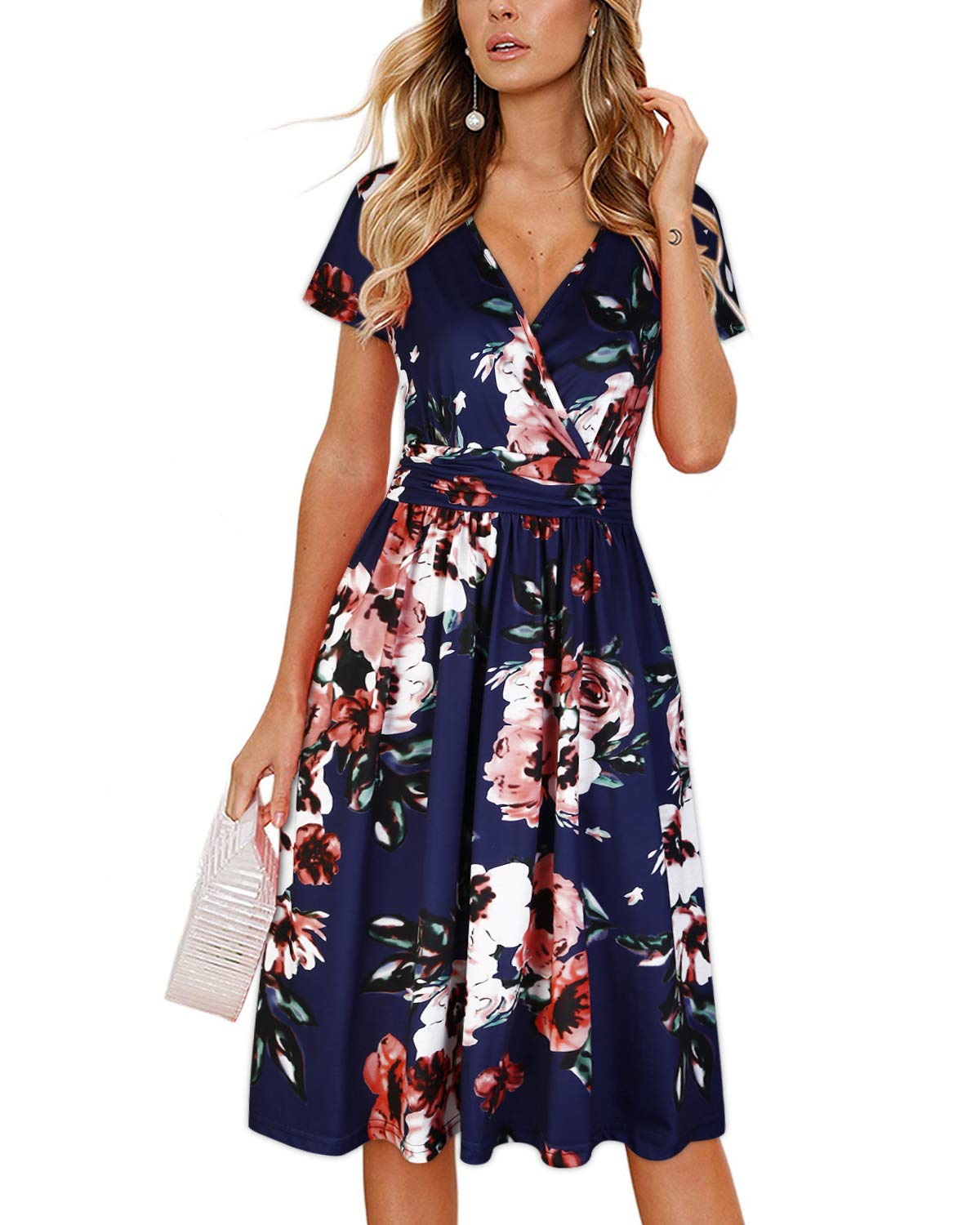 Women's Summer Short Sleeve V-Neck Floral Short Party Dress with Pockets