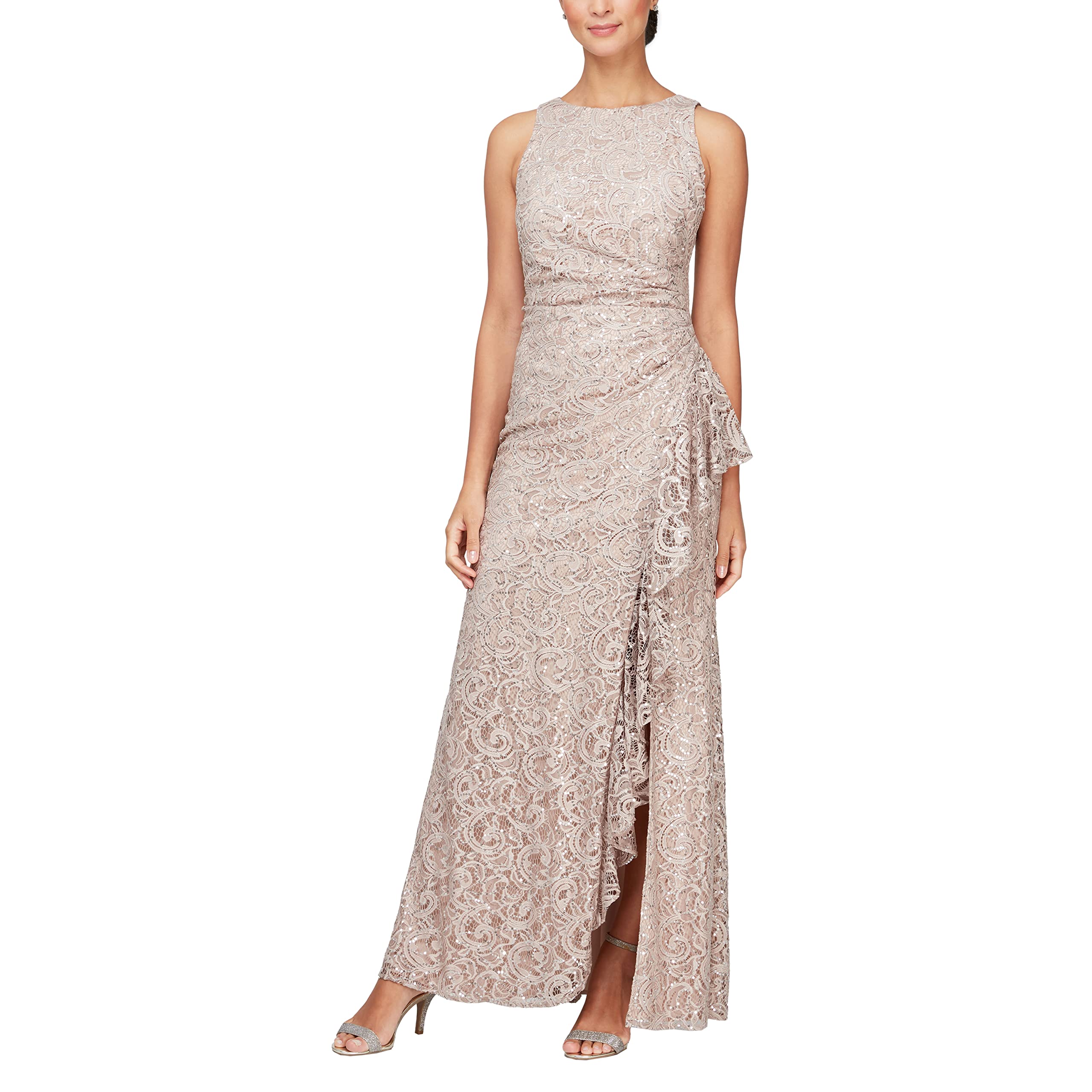 Women's Long Sleeveless Cascade Ruffle Detail Dress with Front Slit