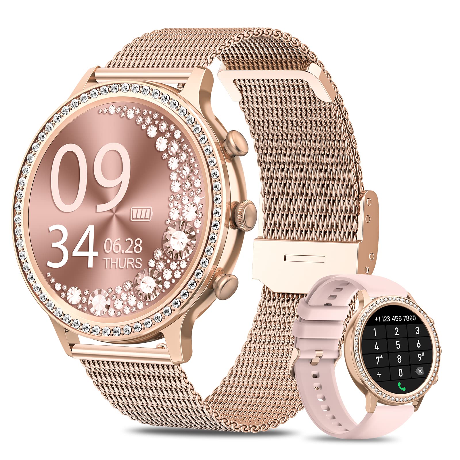 Smart Watches for Women with Diamonds (Answer/Make Call), 1.32'' Bluetooth Smartwatch for Android Phones, Fitness Tracker with Heart Rate, Blood Oxygen, Sleep Monitor, Blood Pressure, Best Gifts Gold