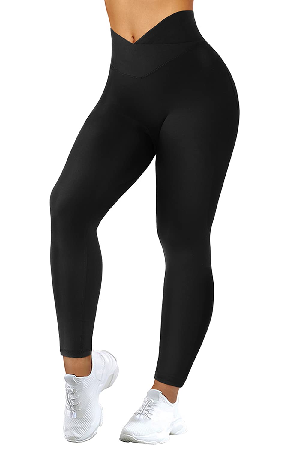 Women V Cross Waist Butt Lifting Leggings with Pockets High Waisted Yoga Pants