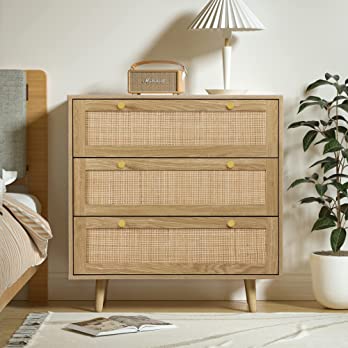          Anmytek Dresser for Bedroom with 3 Drawers, Modern Wood 3 Drawer Dresser, Rustic Oak Chest of Drawer with Spacious Storage Rattan Dresser for Bedroom Living Room H0027        