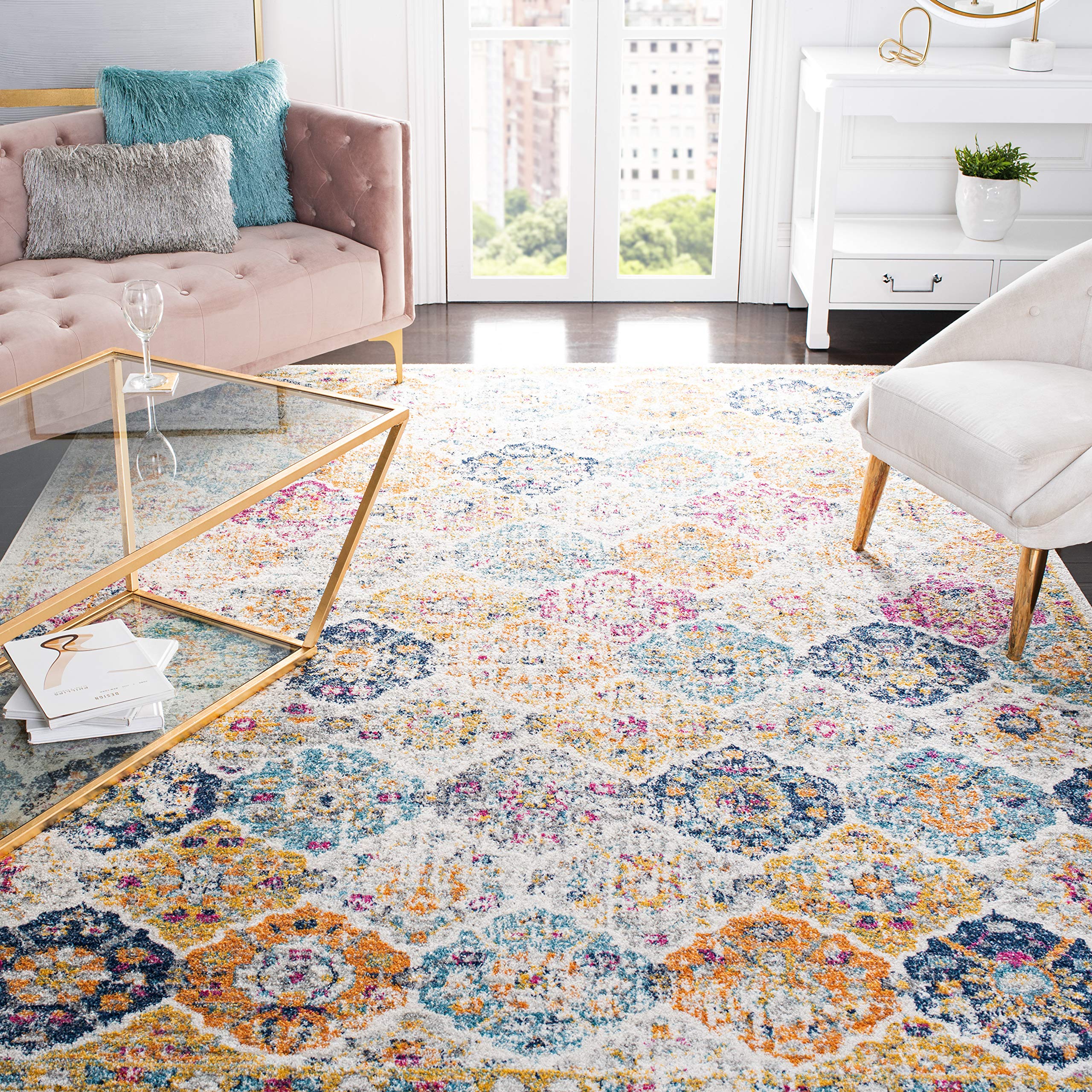 SAFAVIEH Madison Collection 5'1" x 7'6" Cream / Multi MAD611B Boho Chic Floral Medallion Trellis Distressed Non-Shedding Living Room Bedroom Area Rug
