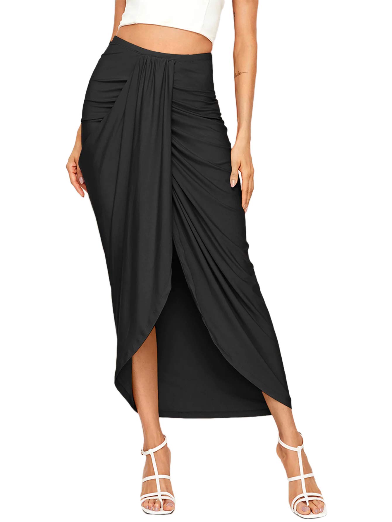 Women's Casual Slit Wrap Asymmetrical Elastic High Waist Maxi Draped Skirt