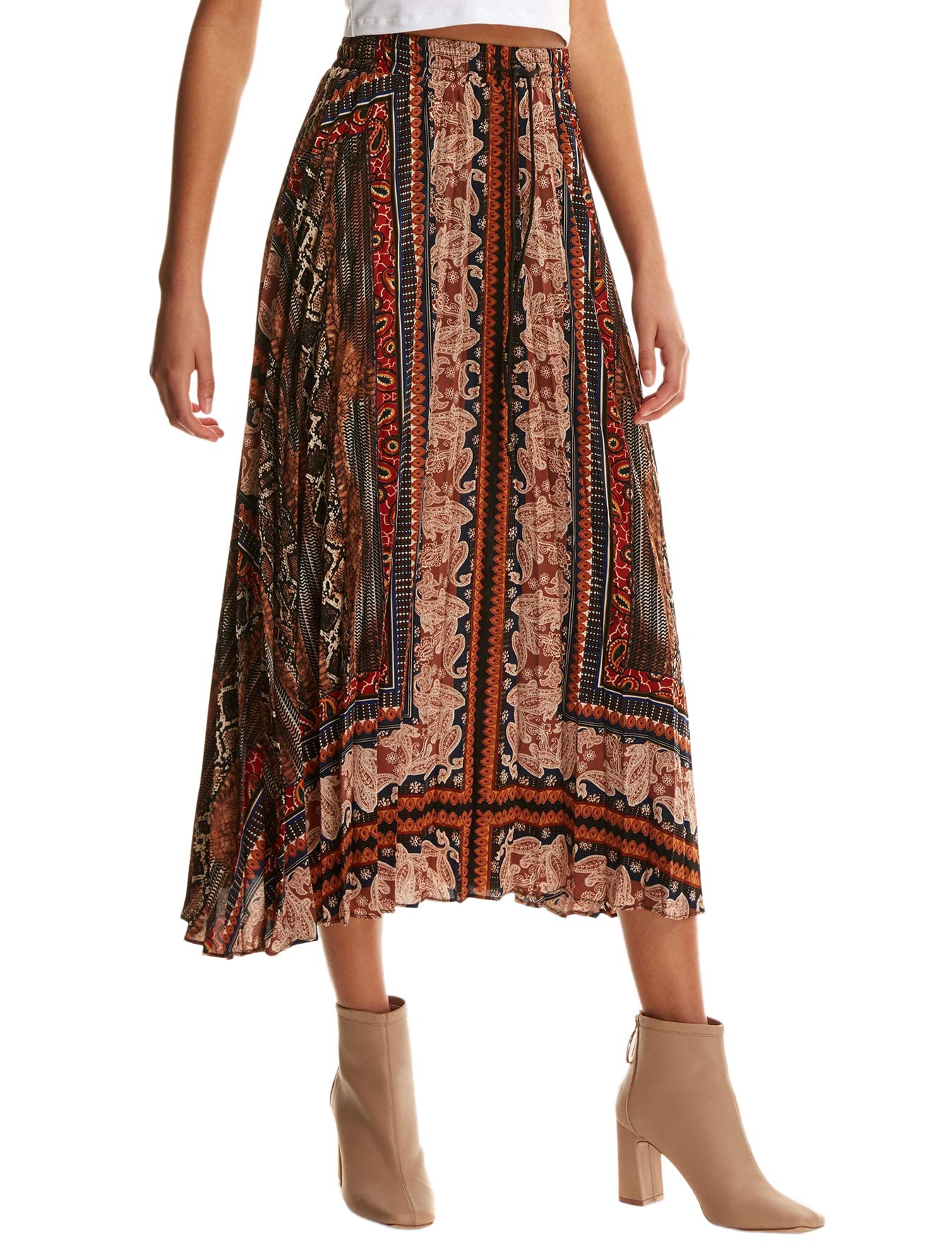 Women's Boho Elastic Waist Scarf Print Pleated Midi Skirt