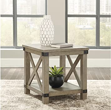          Signature Design by Ashley Aldwin Farmhouse Square End Table with Crossbuk Details, Light Brown        
