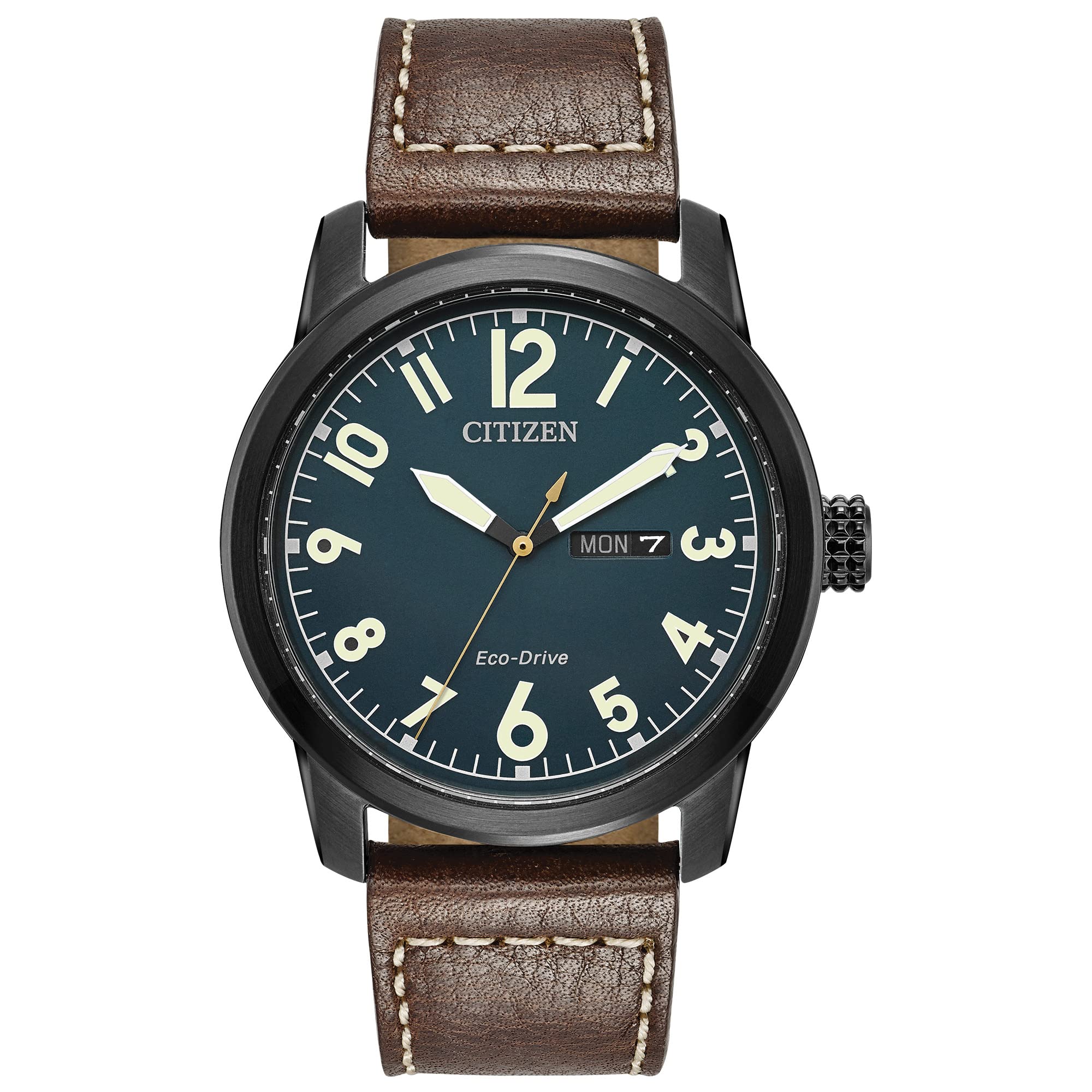 Men's Eco-Drive Weekender Garrison Field Watch in Black IP Stainless Steel with Brown Leather strap, Navy Dial (Model: BM8478-01L)