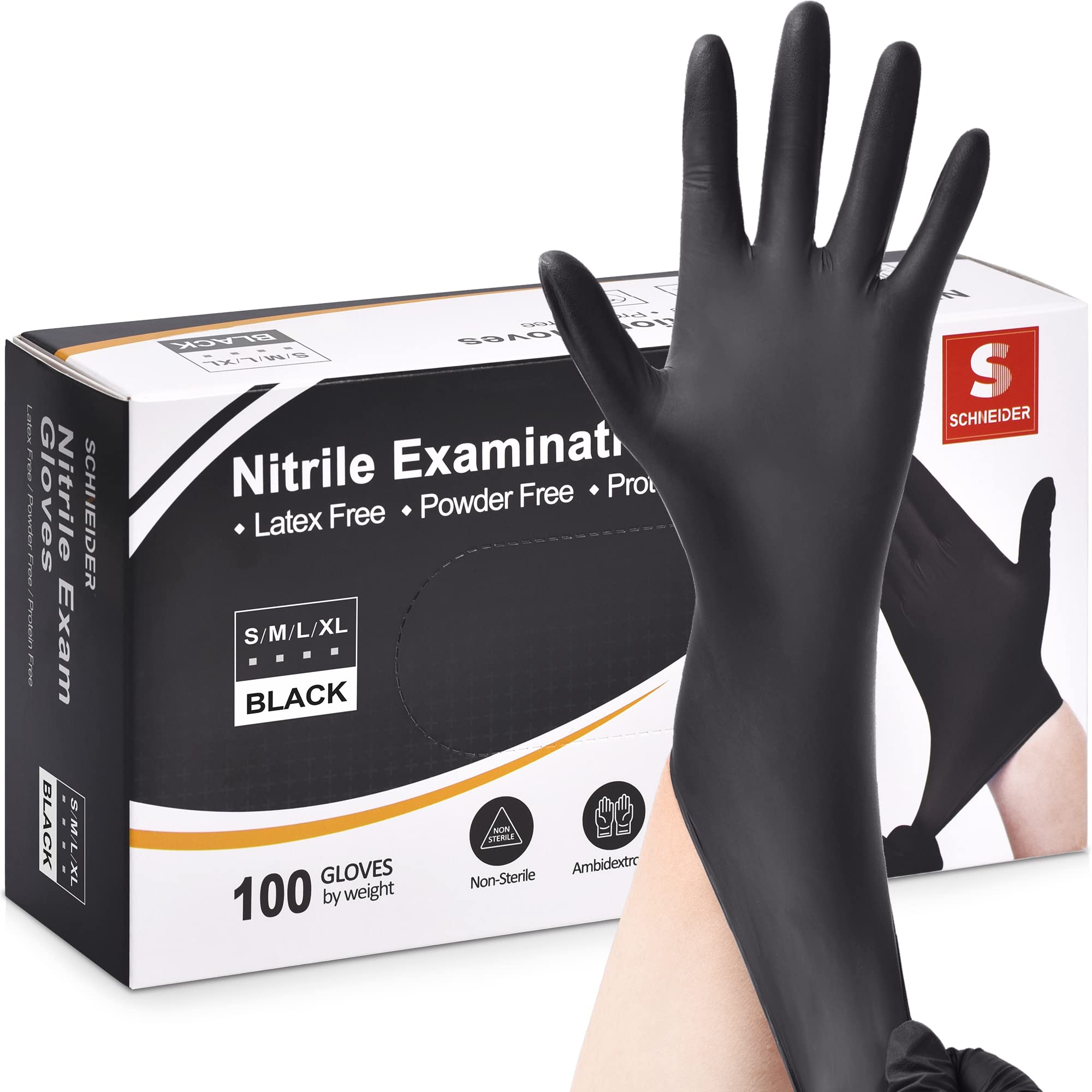 Schneider Nitrile Exam Gloves, Black, 4 mil, Latex-Free, Disposable Gloves for Medical, Cleaning & Food Prep, Powder-Free