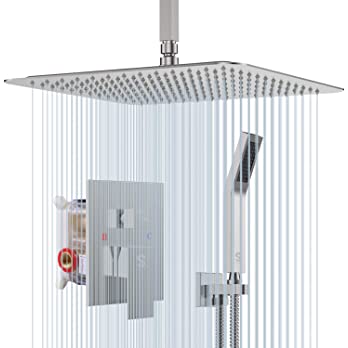          SR SUN RISE 16 Inches Brushed Nickel Shower System Bathroom Luxury Rain Mixer Shower Combo Set Ceiling Mounted Rainfall Shower Head Faucet (Contain Shower Faucet Rough-In Valve Body and Trim)