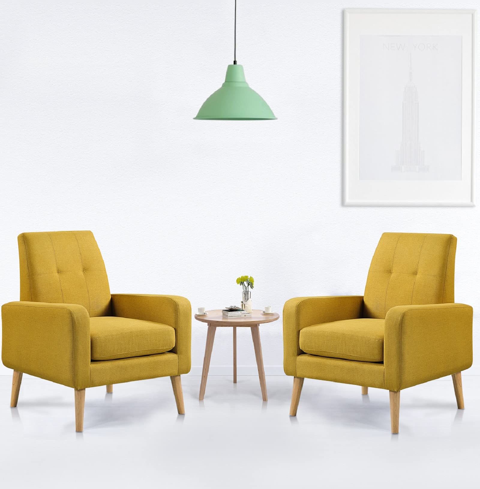 Funkeen Modern Accent Chairs Set of 2 Living Room Arm Chairs Comfy Upholstered Fabric Chair with Arms Button Tufted Single Sofa Chair for Bedroom Dorm Apartment Office Small Spaces Mustard Yellow