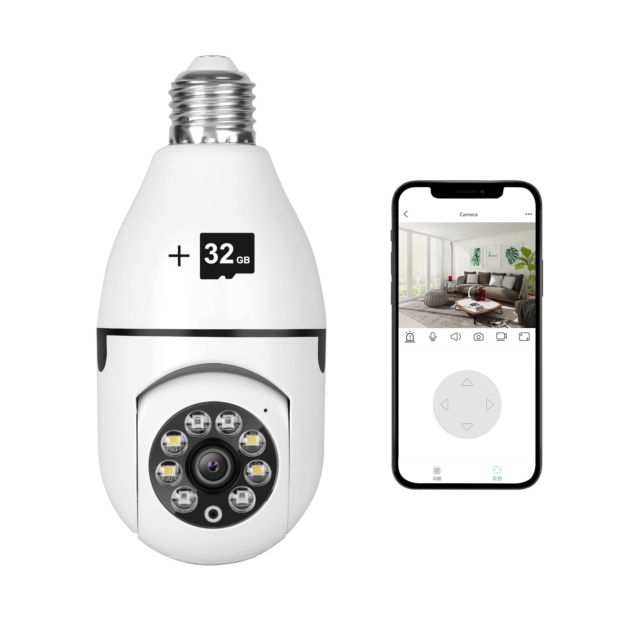 GoldenGU Light Bulb Security Camera, 1080p Smart 360° Pan/tilt Panoramic IP Camera for Home Security, Indoor/Outdoor Camera, Two Way Talk/HD/Night Vision/Light Socket(Included 32G SD Card)