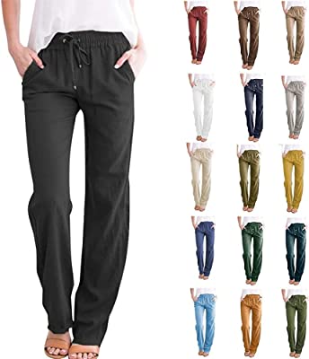 Womens Casual Pants Straight Solid Elastic Pants Long Drawstring Linen Waist Wide Leg Yoga Pants