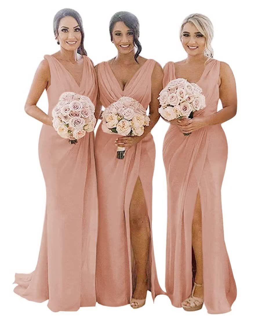 Women's V Neck Chiffon Bridesmaid Dresses Long with Slit Ruched Wedding Formal Evening Party Dress
