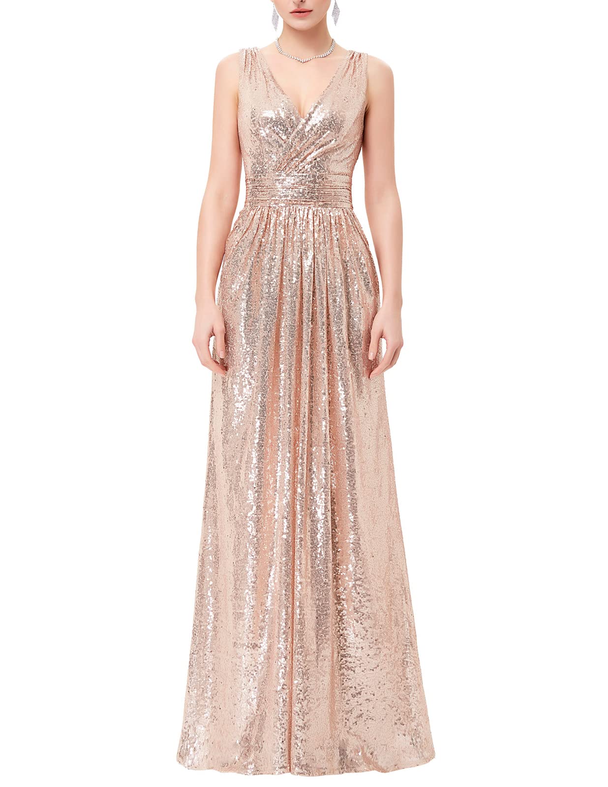 Women Sequin Bridesmaid Dress Sleeveless Maxi Evening Prom Dresses