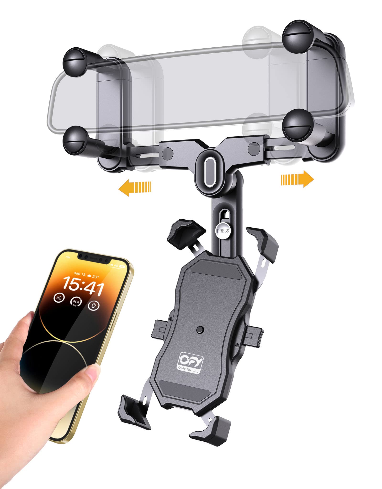 OFY Phone Mount for Car, [Big Rear Mirrors Friendly] [Upgraded 4 Clip Never Fall] Rear View Mirror Phone Holder, 360 Rotatable and Retractable Car Phone Holder for Most Mobile Phones & Vehicles
