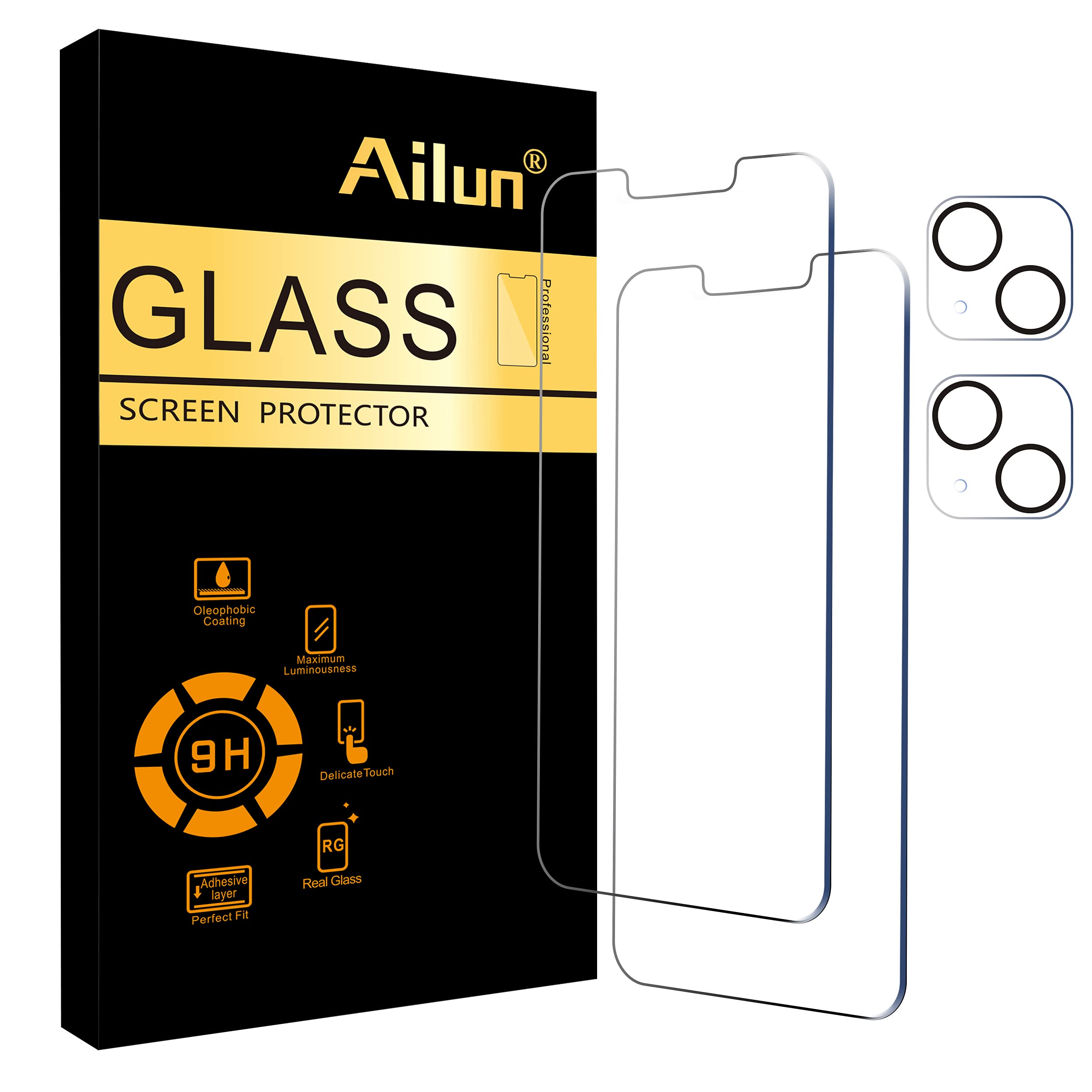 Ailun 2 Pack Screen Protector for iPhone 13 mini [5.4 inch] Display 2021 with 2 Pack Tempered Glass Camera Lens Protector,[9H Hardness]-HD