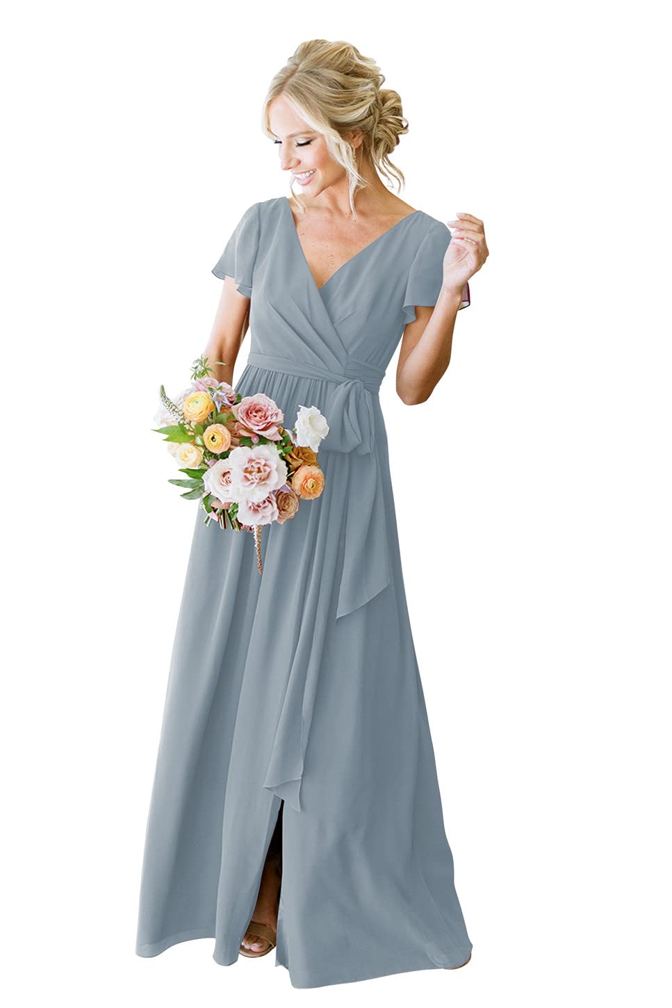 Women's Short Sleeve Bridesmaid Dresses with Slit 2022 V Neck Chiffon Formal Dresses YMS159