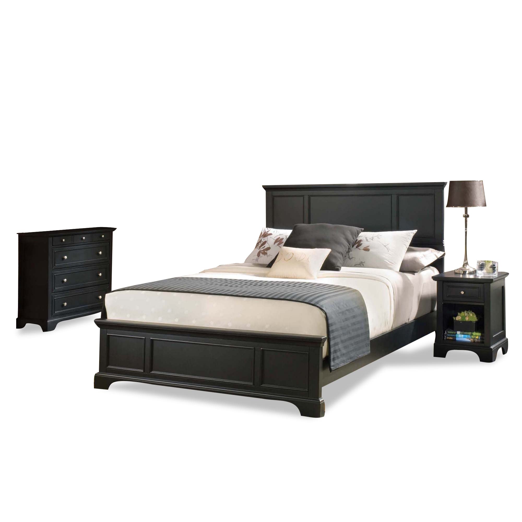 Home Styles Bedford Queen Bed Headboard, Footboard, Rails and Matching Wood Panel Bed Chest and Nightstand Set in Black