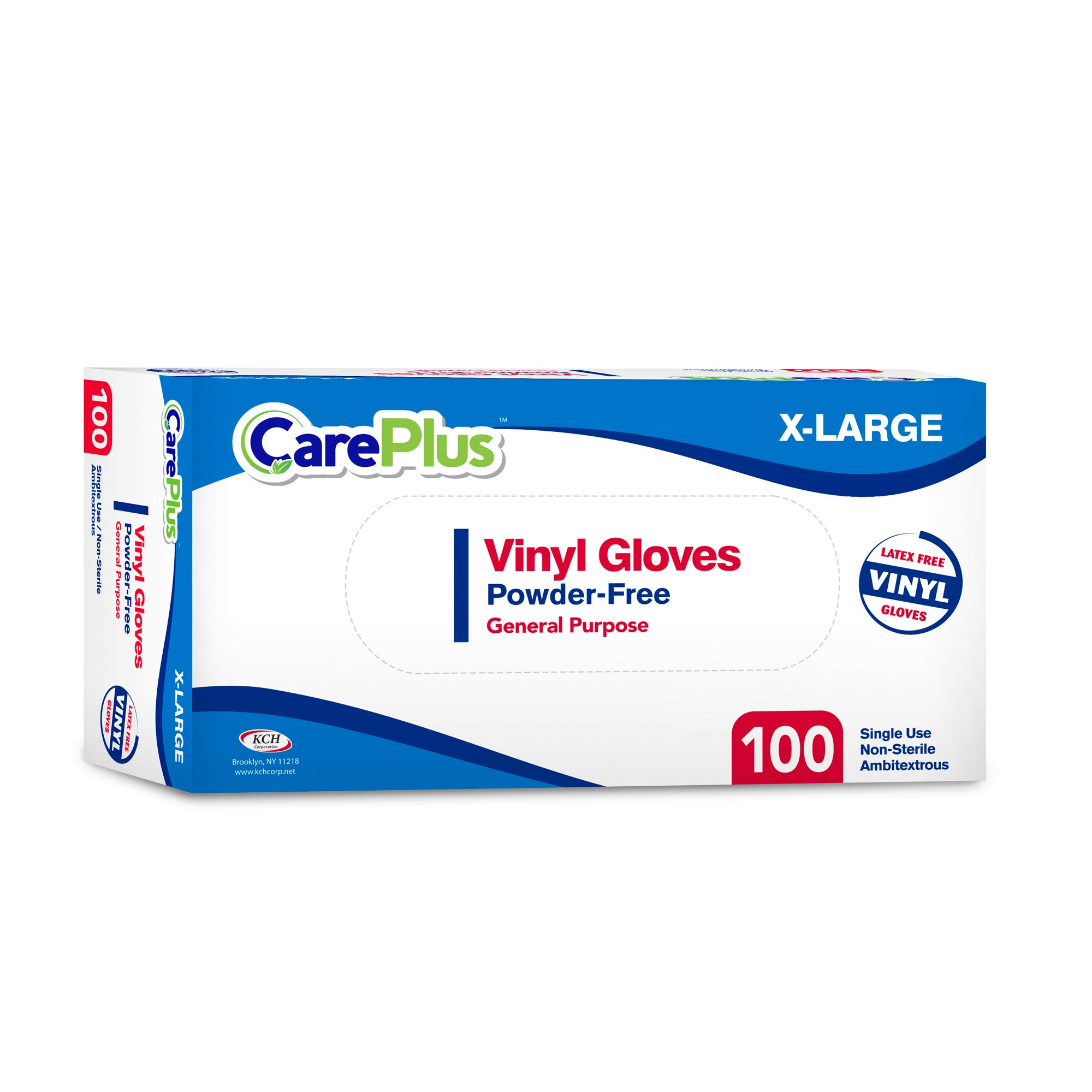 Care Plus Disposable Vinyl Gloves | Extra Large Size | Heavy Duty | Non Sterile | Powder Free | Latex Free Rubber | 100 Count | Food Safe