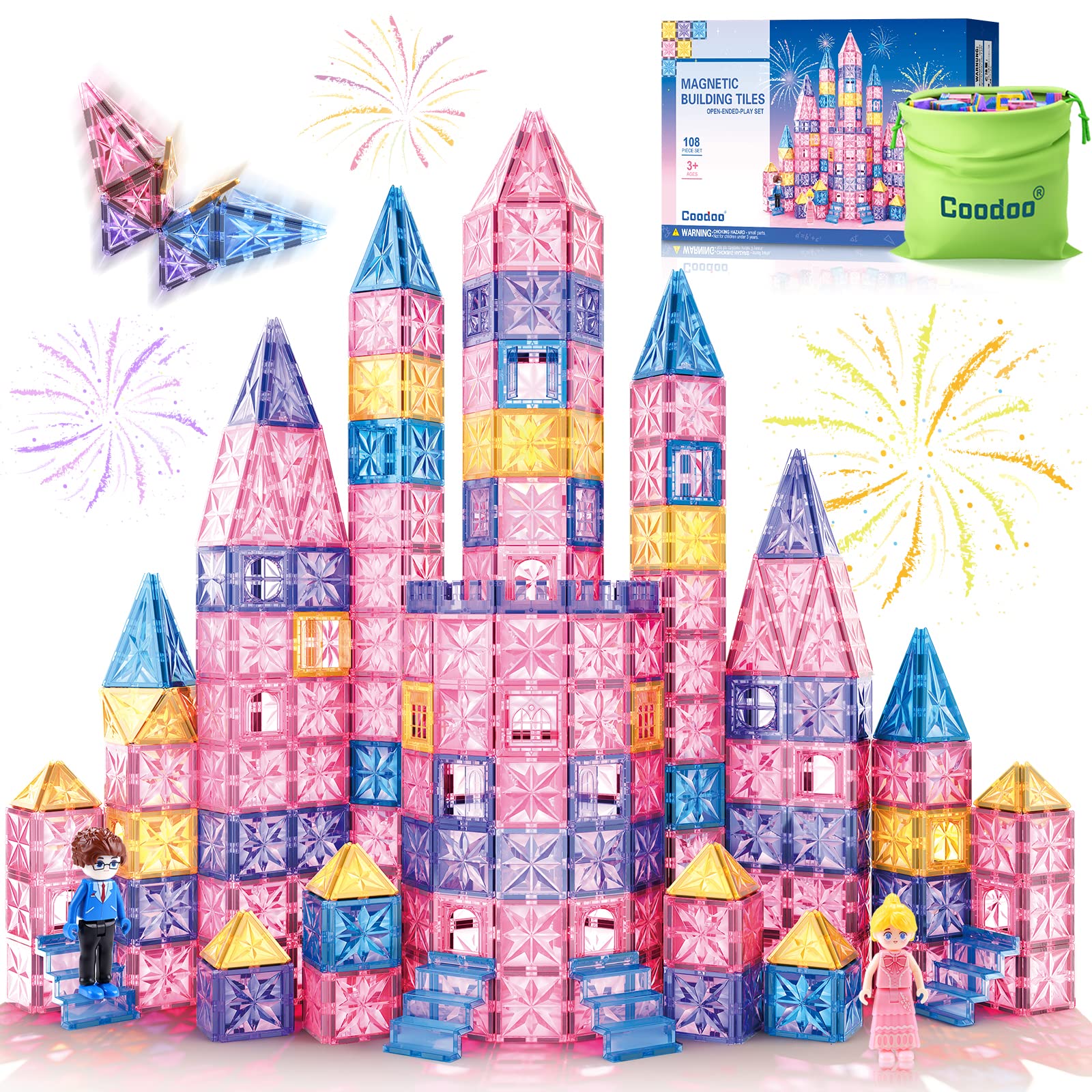 108PCS Magnetic Tiles Princess Toys for Girls STEM Kids Toys Magnetic Blocks Doll House Building Toys for Kids Sensory Toddler Toys for 3+ Year Old Girls and Boys, Princess Toddler Girls Toys Age 6-8