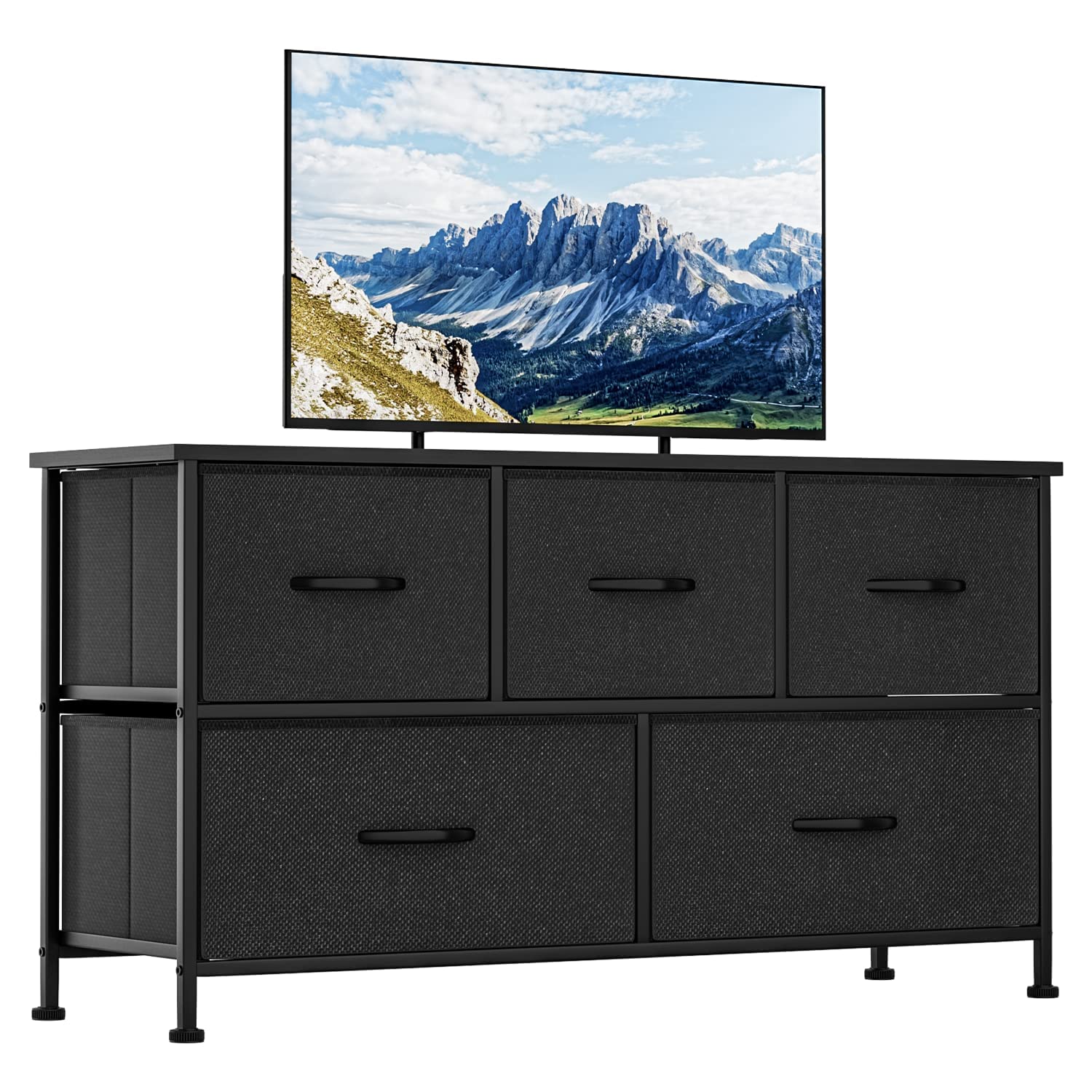 JUMMICO TV Stand with Storage, TV Dressers for Bedroom with 5 Drawers, Chests of Drawers with Fabric Bins Steel Frame Wood Top, Fabric Dresser for Kids Hallway Entryway Closets Living Room (Black)