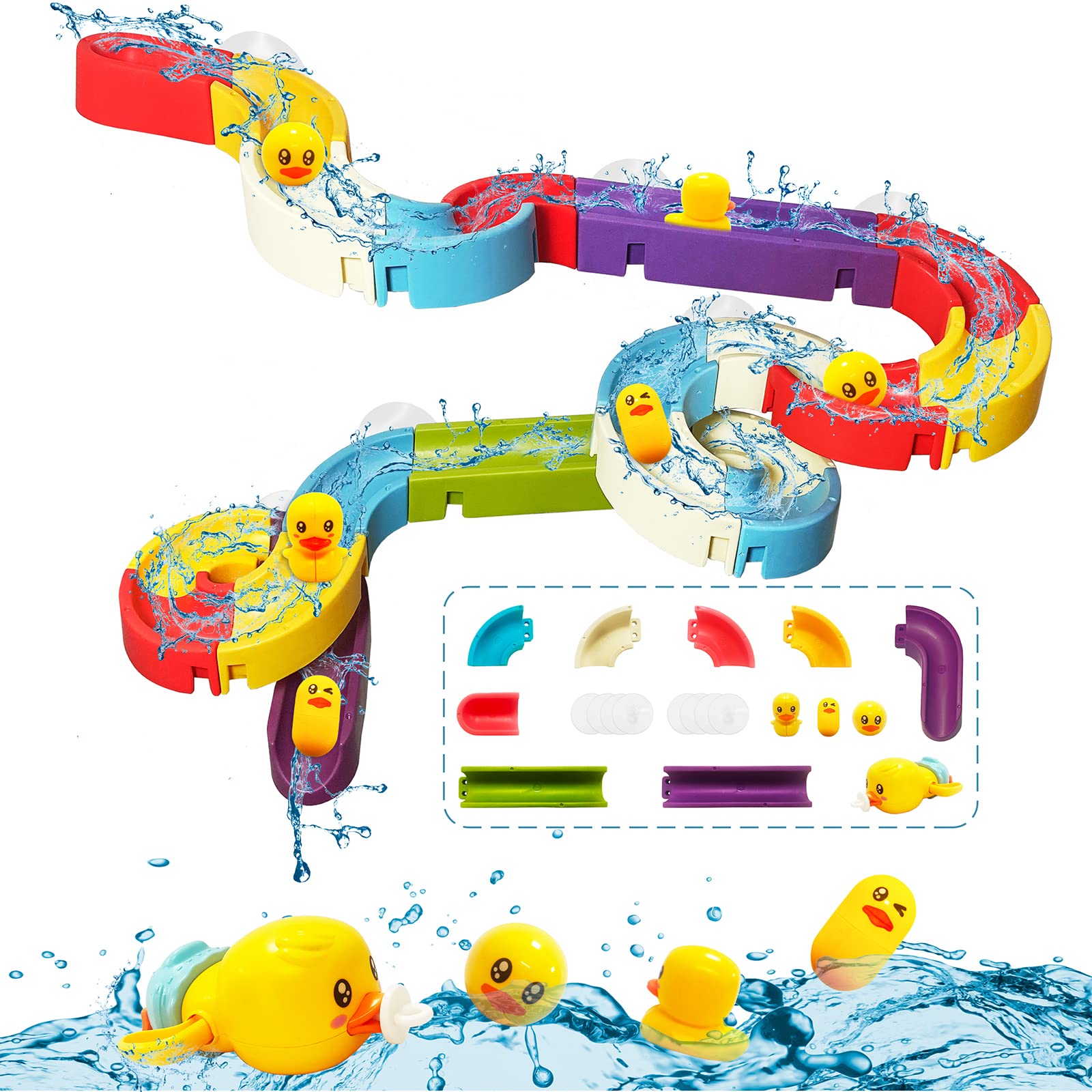 Bath Toys for Kids Ages 4-8, Wall Bathtub Toy Slide for Toddlers 3 4 5 6 Years, Baby Bath Toys with Wind-Up Duck, 35 PCS Slide Shower Tracks Water Toys Gifts for Boys Girls