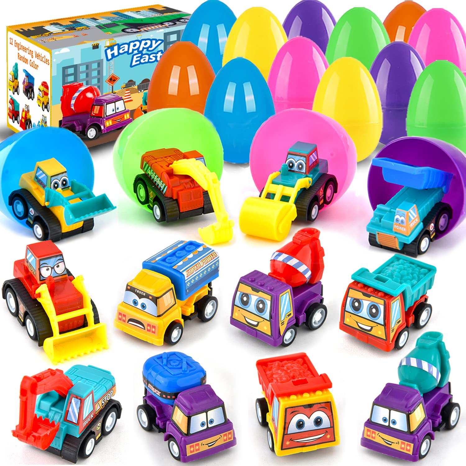 12 Easter Eggs Filled with Pull Back Cars Toys Inside Easter Toys for Boys Kids Toddlers Easter Basket Stuffers Gifts Fillers Easter Egg Hunt, Easter Classroom Prizes Easter Party Favors