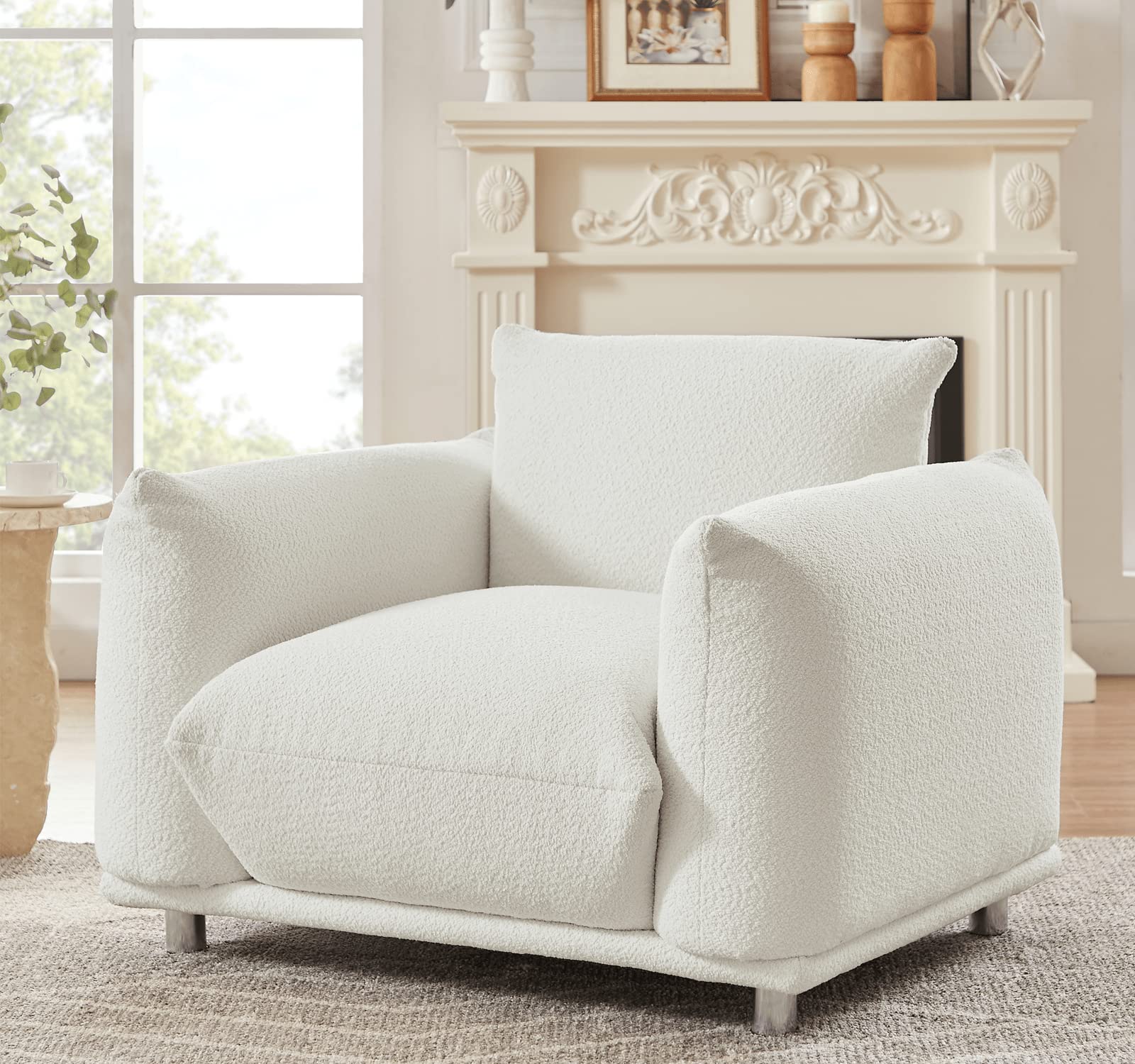 Hison Oversized Arm Chair for Living Room Extra-Deep Lounge Reading Comfy Arm Chair Lambswool Single Sofa Chair with Metal Legs White