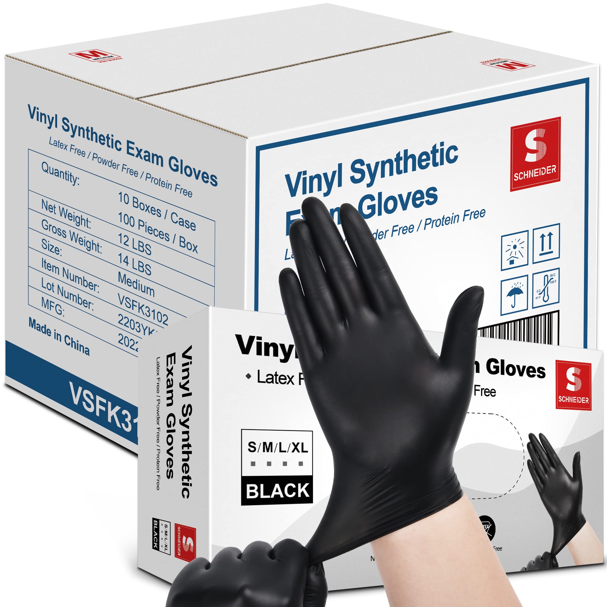 Schneider Black Vinyl Exam Gloves, 4 mil, Disposable Latex-Free Plastic Gloves for Medical, Cooking & Cleaning, 100-ct Box