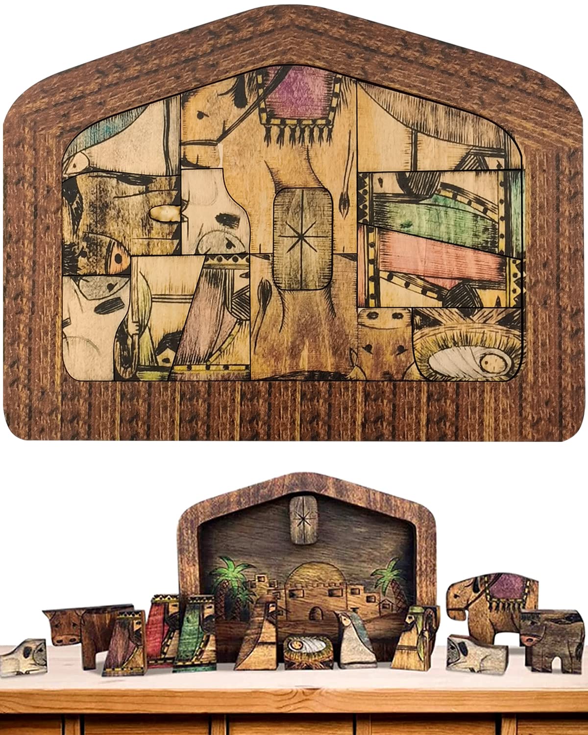 Large Wooden Jesus Puzzle Statue, Wood Burned Design Nativity Set for Adults and Kids, Home Educational Wooden Puzzles Birthday Gifts, Nativity Puzzle for Halloween Christmas Indoor