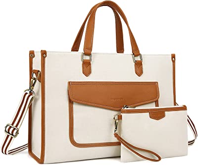 Missnine Tote Bag Canvas Laptop Bag for Women 15.6 inch Casual Work Bags with Clutch Purse Computer Shoulder Bag 2 PCS Set