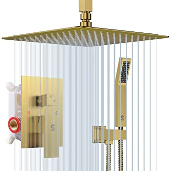          SR SUN RISE 16 Inch Ceiling Mounted Shower System Rain Mixer Shower Combo Set Rainfall Shower Head System Brushed Gold Shower Faucet Rough-in Valve Body and Trim Included        