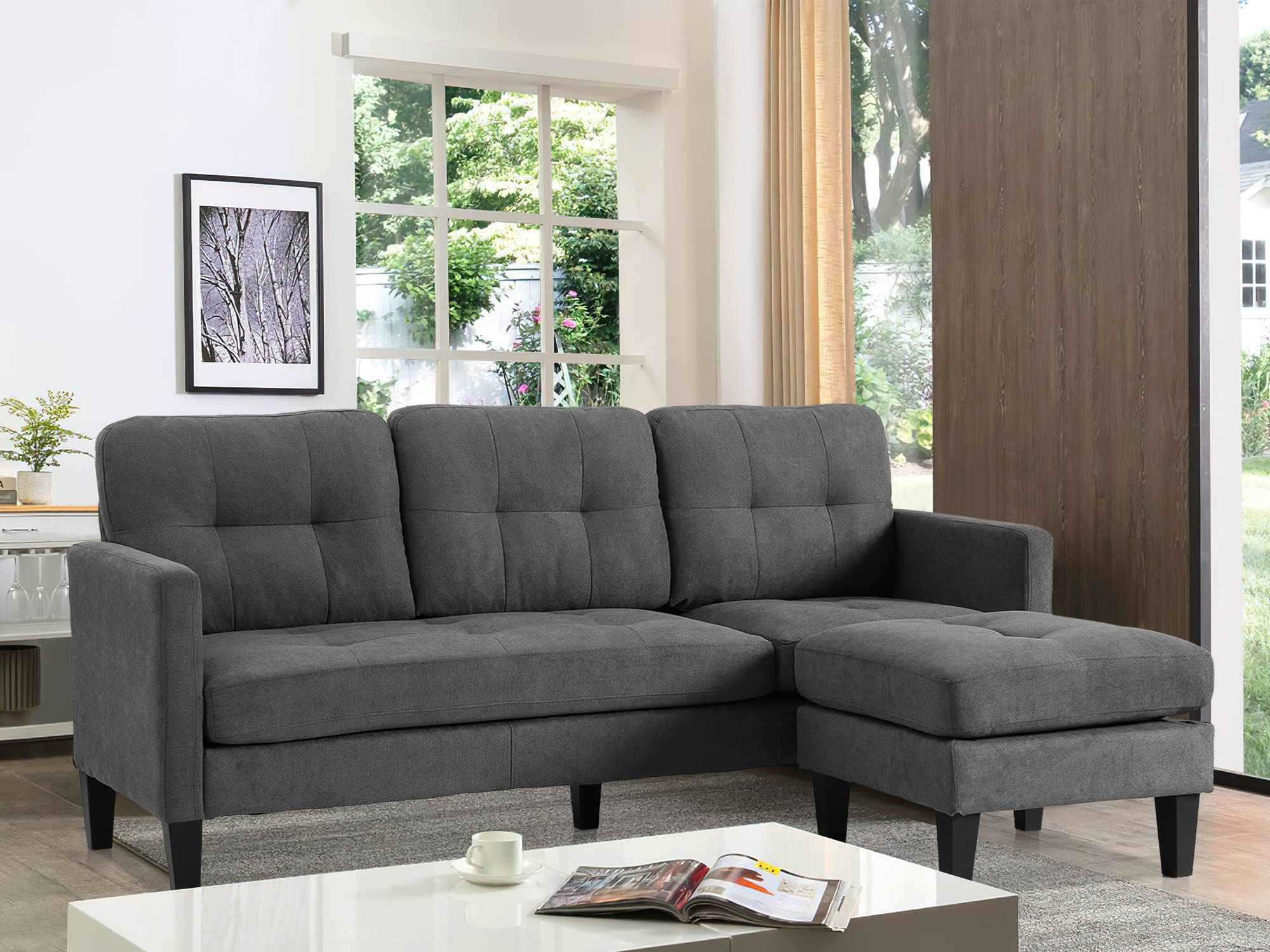 LETATA Convertible Sectional Sofa Couch with Chaise, Grey L Shaped Couch Sofa Set with Reversible Ottoman, Modern Small Sectional Couches for Living Room,Apartment,Small Spaces