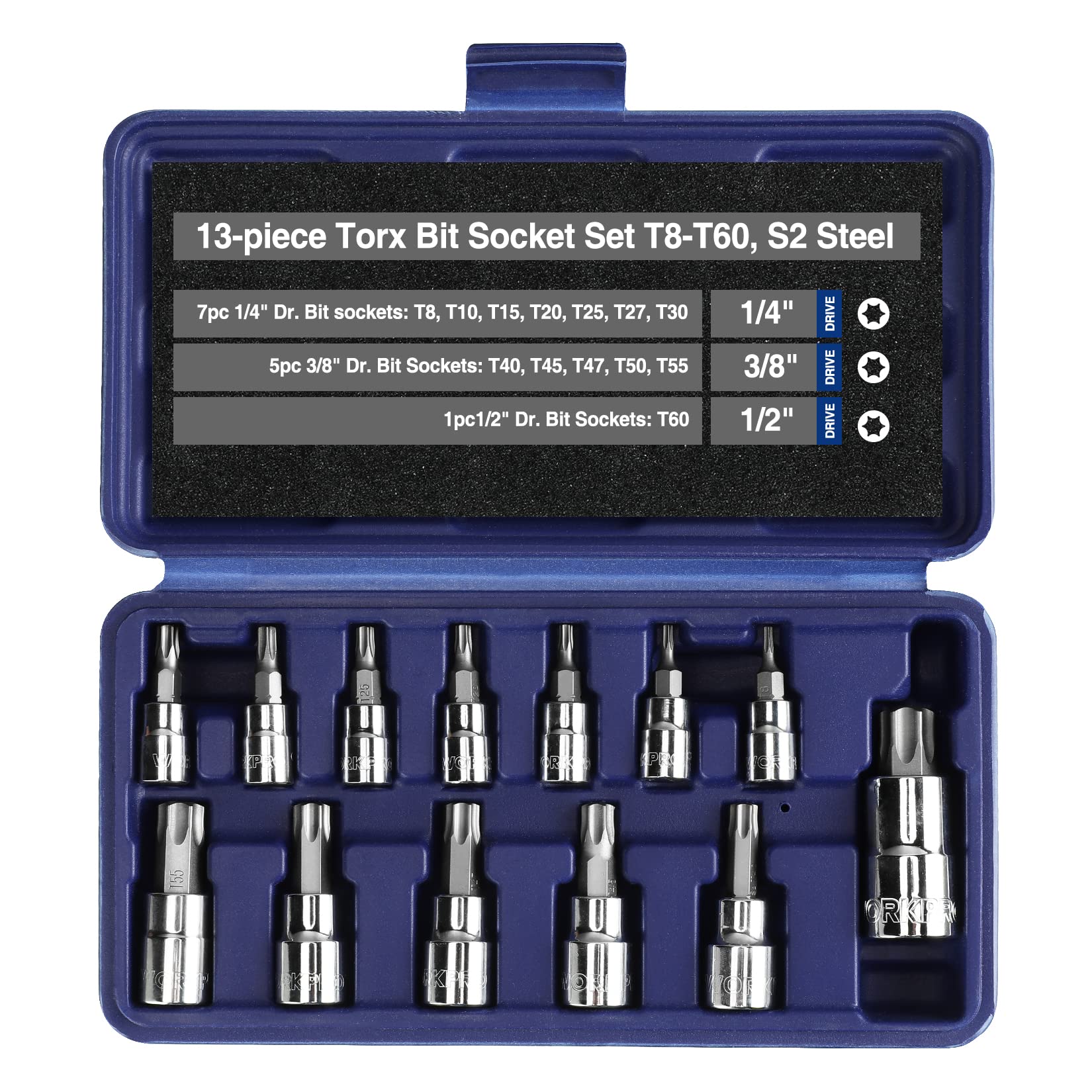 WORKPRO 13-piece Torx Bit Socket Set, 1/4", 3/8" and 1/2" Drive T8-T60, S2 Steel, with Storage Case (For Hand Use Only)