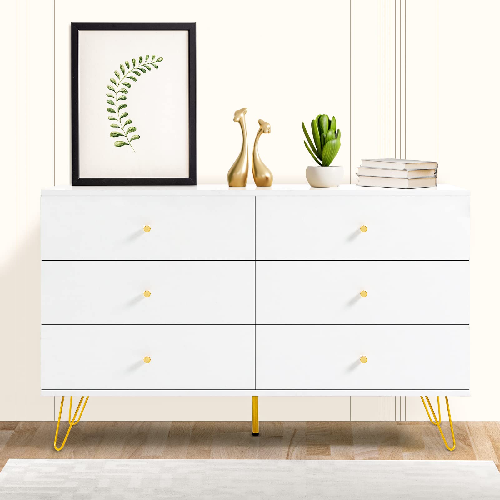 REHOOPEX White Dresser for Bedroom, 6 Drawers Modern Storage Dresser, Chest of Drawers with Gold Legs for Closet, Entryway, Hallway, Living Room (1, White)