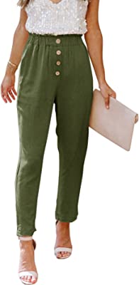 Womens Casual Loose Pants Comfy Cropped Work Pants with Pockets Elastic High Waist Paper Bag Pants