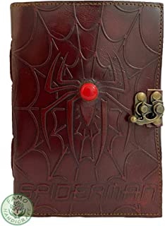 Superhero Spider Web Embossed Red Semi Precious Stone Handmade Leather Journal Blank Notebook with Deckle Edge Paper Writing Diary Sketchbook Journal for Women and Men 7x5 inch