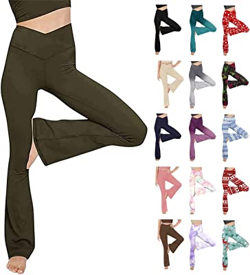 Women's Flare Yoga Pants V Crossover High Waisted Flare Workout Pants Leggings Black Wide Leg Yoga Pants for Casual Work