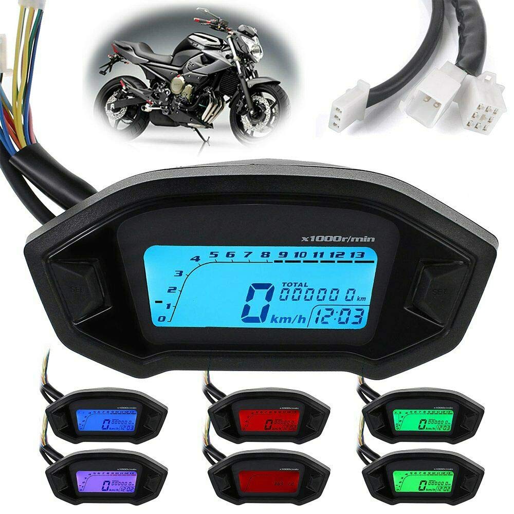 Motorcycle Speedometer Tachometer LCD Digital Odometer Fit for All Motorcycles with DC 12V,Adjustable for 7 Colors