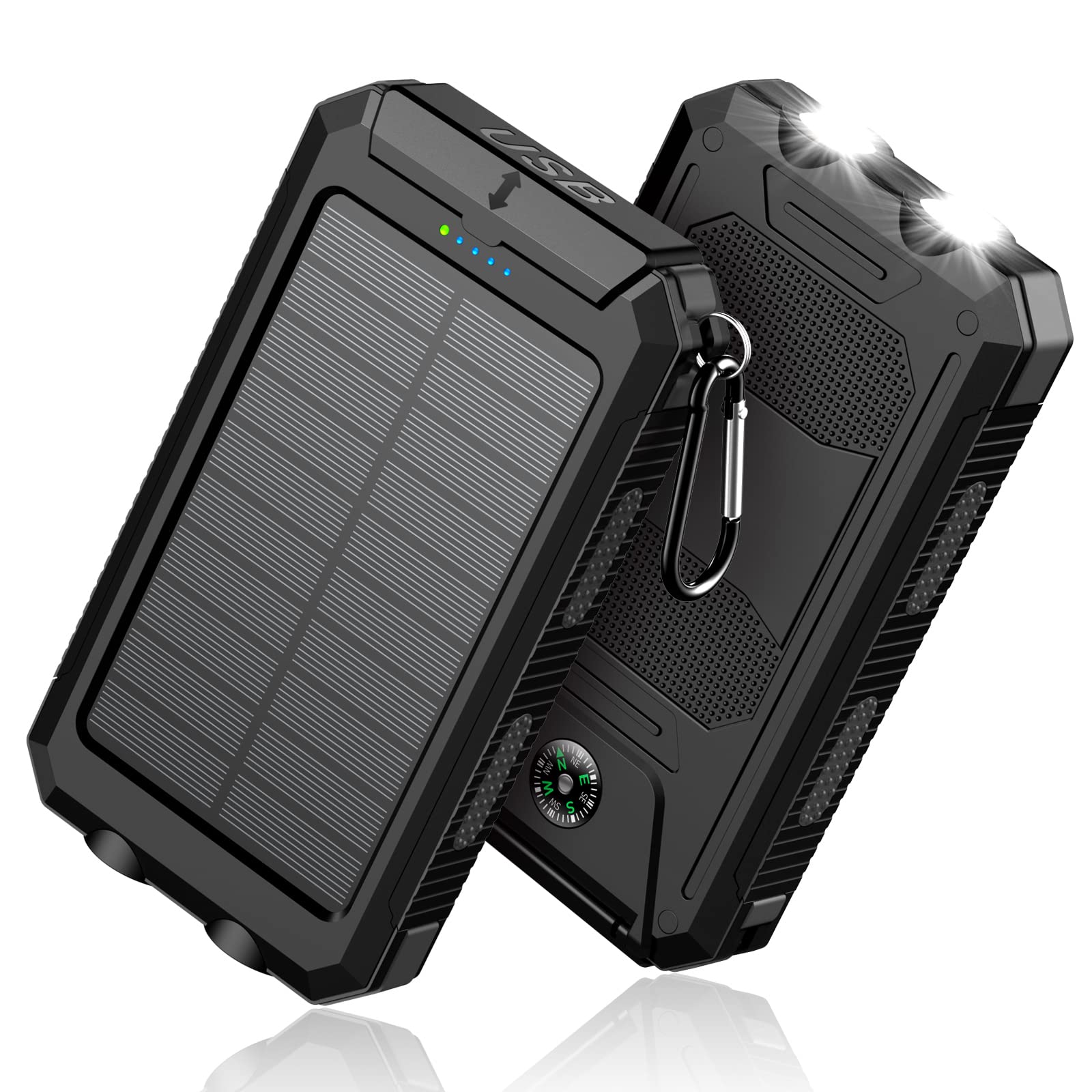 Feeke Solar-Charger-Power-Bank - 36800mAh Portable Charger,QC3.0 Fast Charger Dual USB Port Built-in Led Flashlight and Compass for All Cell Phone and Electronic Devices(Black)