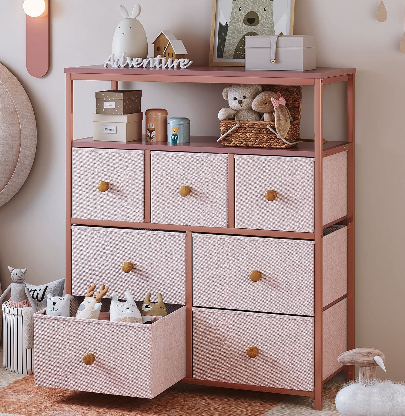 EnHomee Pink Dresser for Bedroom with 7 Drawers and 2 Shelves, Pink Dresser for Girls Bedroom with Wooden Top and Metal Frame, Dressers & Chest of Drawers for Bedroom, Closets, Nursery, Pink