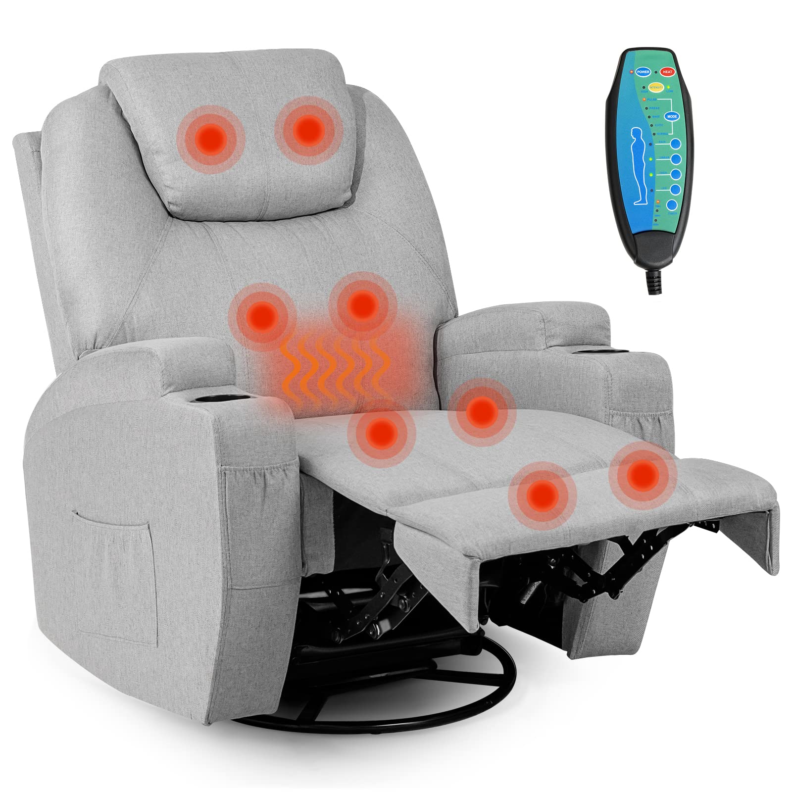 Giantex Swivel Rocker Recliner Chairs with Massage and Heating, 360 Degree Swivel Single Sofa w/ 4 Pockets & 2 Cup Holders, Remote Control, Glider Chair for Nursery Living Room Bedroom, Grey